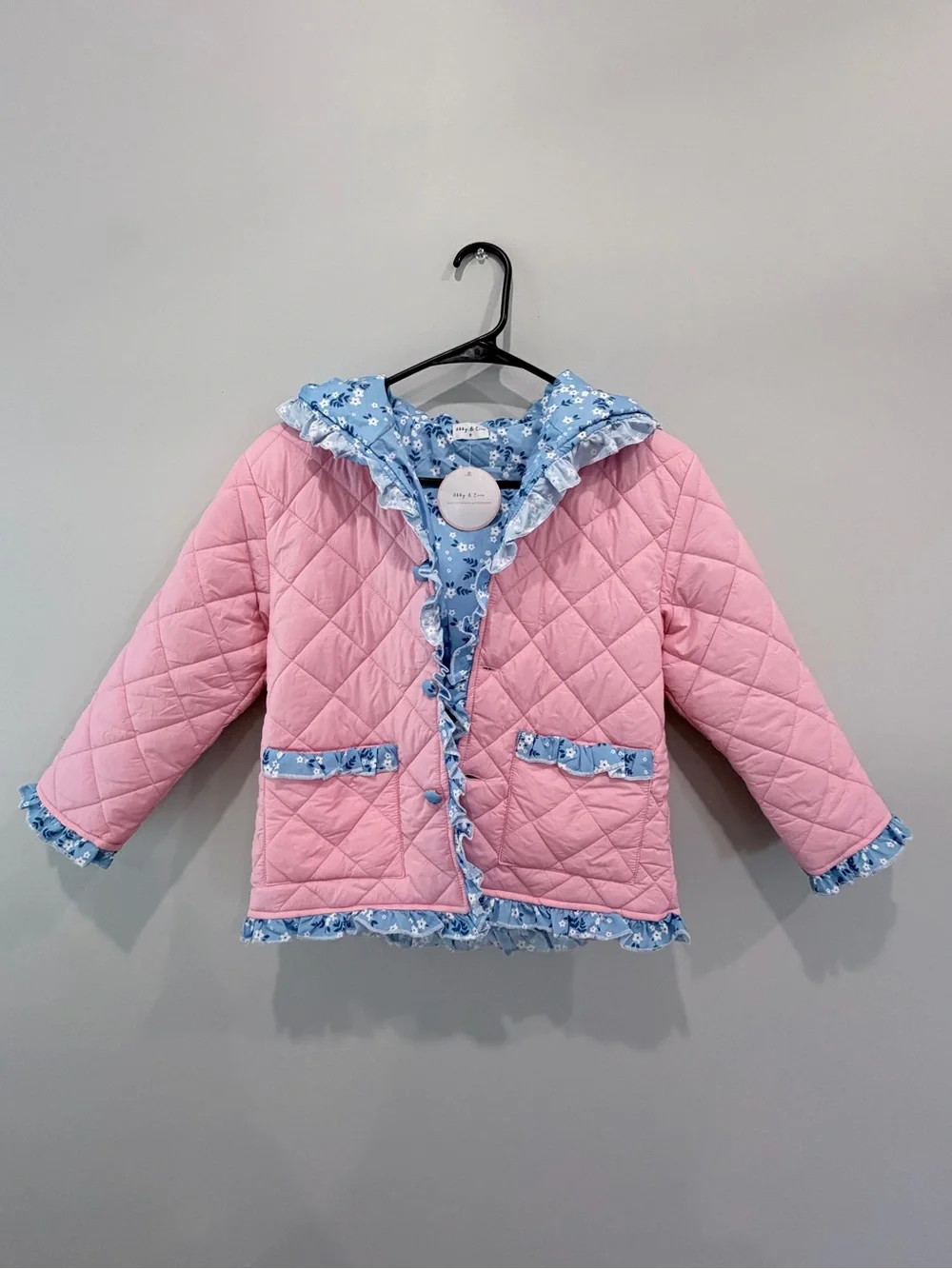 Girls' Quilted Pink Jacket with Blue Floral Trim by